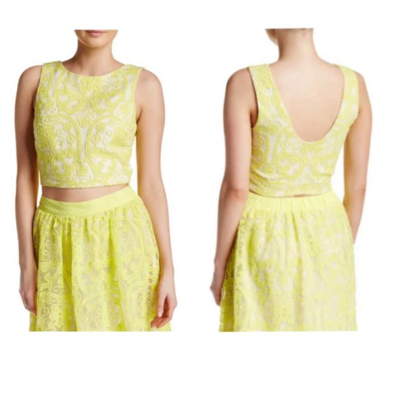 Lucy Paris Reece Lace Crop Shell, Size L Neon Bright Yellow - Picture 2 of 15